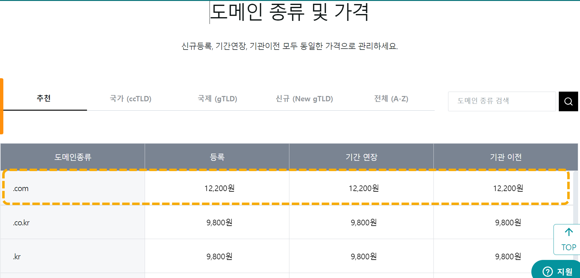 호스팅케이알 도메인 등록비