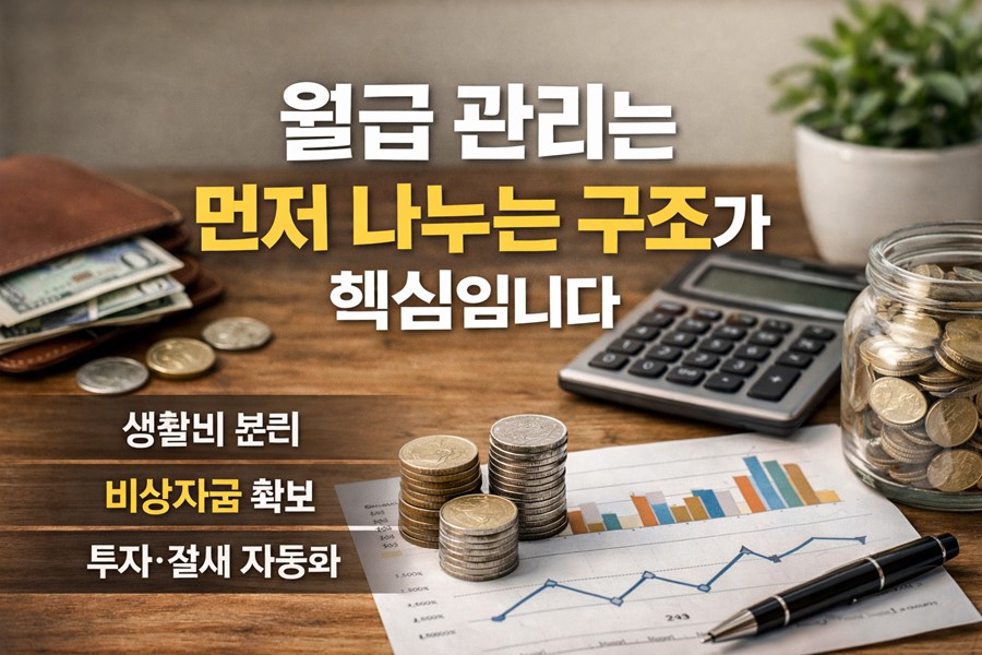 2026 월급 관리 현실 방법으로 생활비, 비상자금, 투자, 절세 자금을 자동 분배하는 구조를 설명하는 이미지
