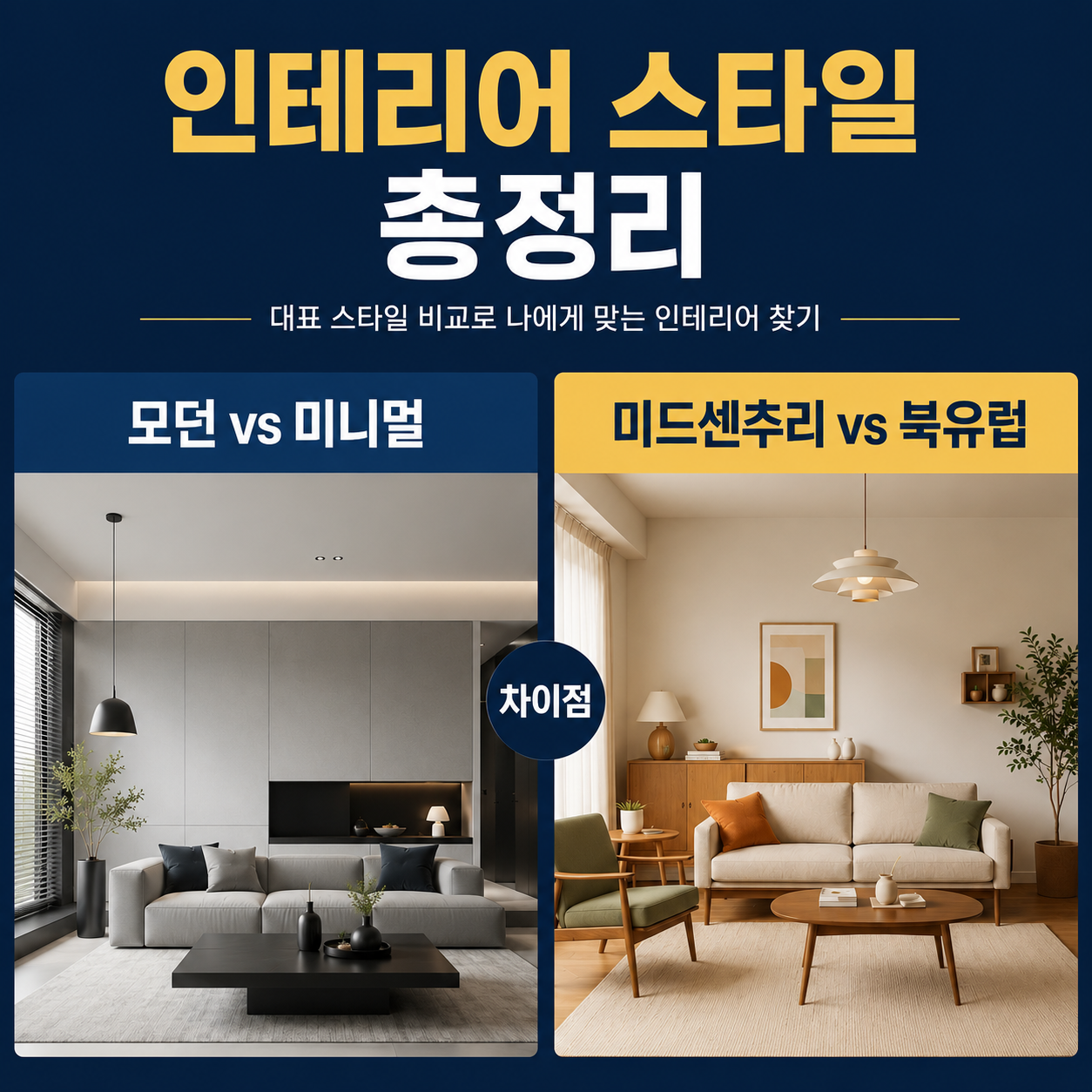 인테리어 스타일 총정리 : 모던 vs 미니멀 vs 미드센추리 모던 vs 북유럽 차이점 비교 가이드 이미지