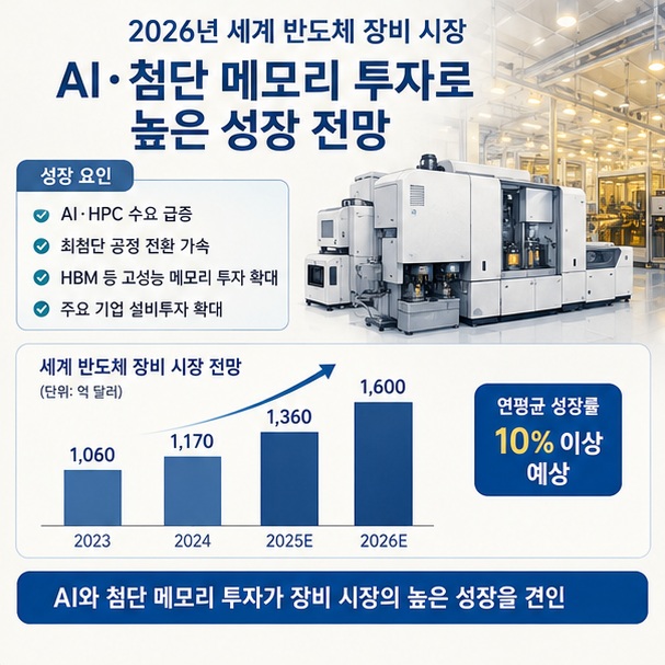 반도체 제조장비와 팹을 통해 AI와 첨단 메모리 투자 확대에 따라 2026년 세계 반도체 장비 시장도 높은 성장률이 예상됨을 보여 주는 그림