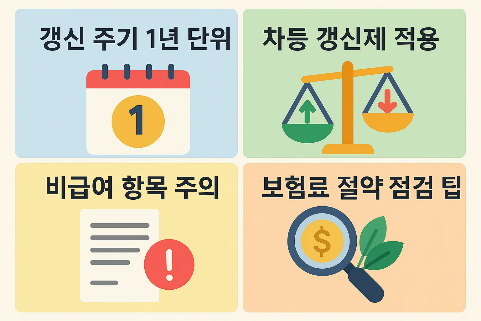 갱신 주기 1년 단위, 차등 갱신제 적용, 비급여 항목 주의, 보험료 절약 점검 팁 등 실손보험 갱신 시 유의사항을 정리한 인포그래픽 이미지입니다.