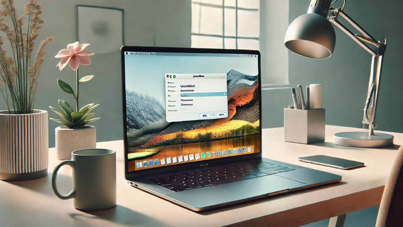 현대적이고 최소주의적인 사무실 환경에서 맥북을 사용하여 프로그램을 삭제하는 모습