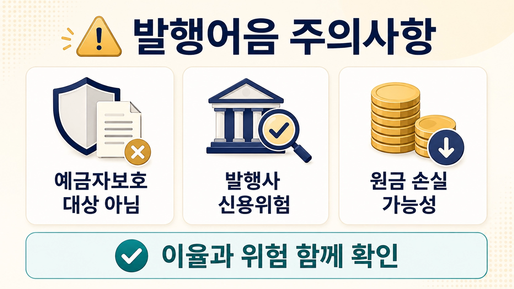 발행어음의 예금자보호 제외와 발행사 신용위험, 원금 손실 가능성을 알리는 주의 안내