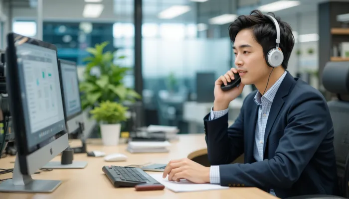 사무실 책상에서 휴대폰으로 고객센터에 전화하는 남성