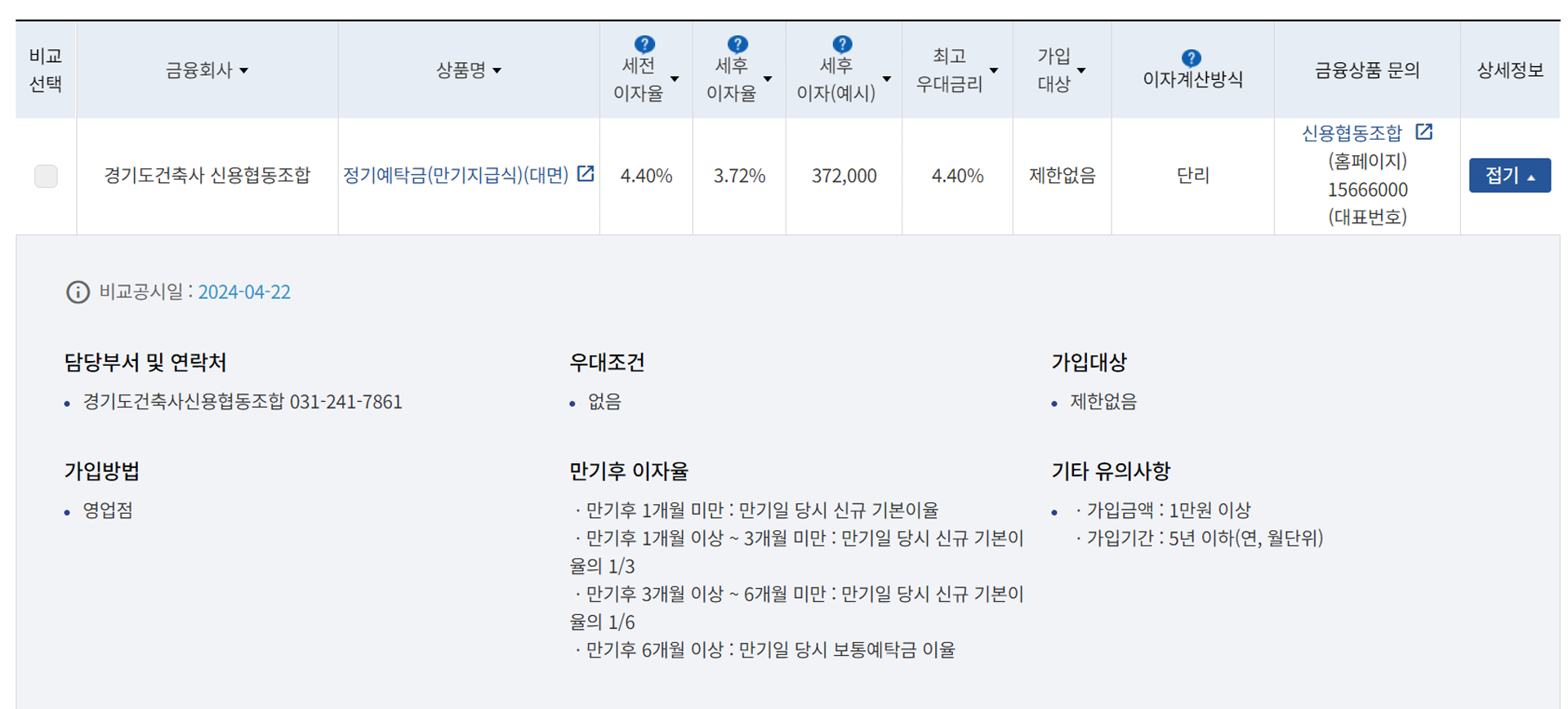 상세 버튼 클릭 결과