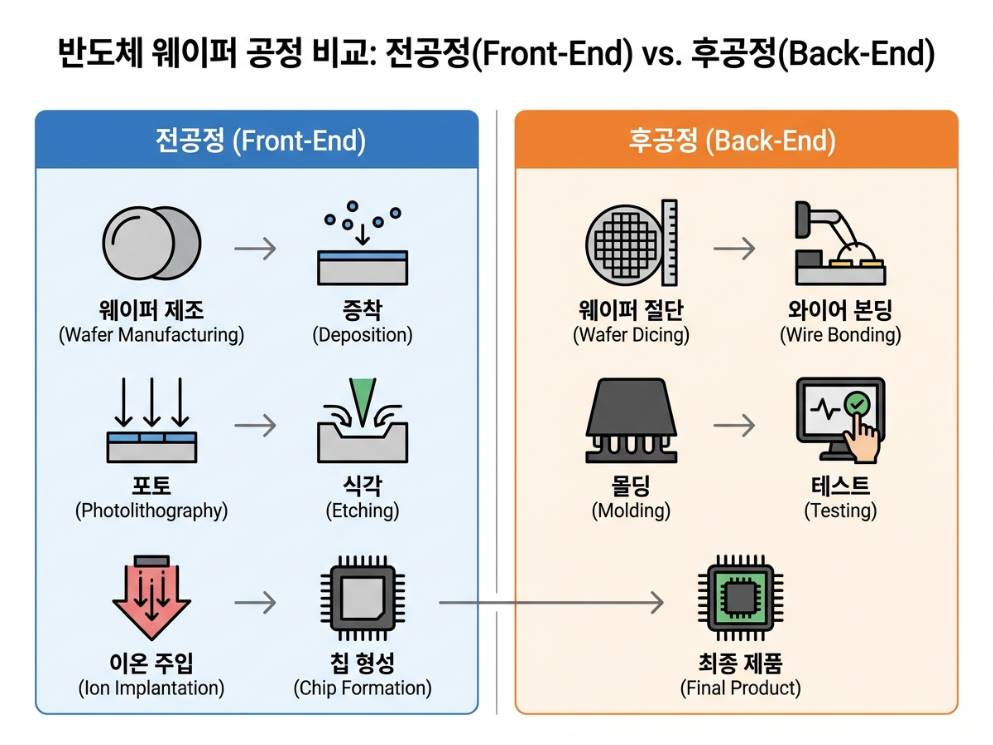 반도체 웨이퍼 공정 라인을 전공정과 후공정으로 나눠 대비시킨 인포그래픽