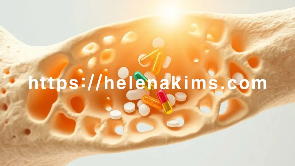 건강한 뼈의 내부 구조 위로 칼슘 알약과 비타민D 캡슐이 부드럽게 쏟아져 내립니다. 뼈의 부족한 부분을 채워주듯 빈 공간이 메워지며 단단해지는 과정을 은유적으로 표현