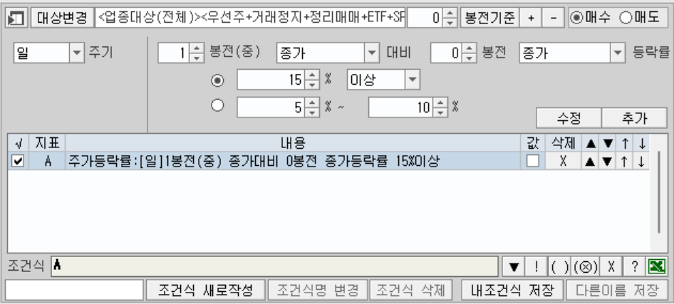 주가 등락률 15% 검색기