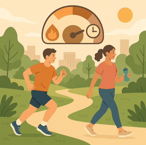 공복 유산소와 식후 유산소의 차이를 비교한 일러스트 – 지방 연소율, 혈당 안정성, 운동 지속시간 등 요소가 시각화되어 있음