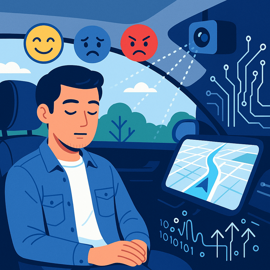 이 이미지는 자율주행차 내부에서 운전자의 감정을 인식하는 장면을 일러스트 스타일로 표현한 것입니다. 화면에는 편안한 표정으로 앉아 있는 남성 운전자와 함께, 차량 내부에 장착된 카메라 및 센서가 작동하고 있는 모습이 묘사되어 있습니다. 운전자 위에는 행복, 슬픔, 분노를 상징하는 감정 아이콘이 떠 있어 감정 인식 기술이 어떻게 작동하는지를 시각적으로 보여줍니다.
또한 차량의 대시보드에는 디지털 지도와 데이터 흐름(이진수, 그래프 등)이 표시되어, 자율주행차의 고도화된 기술성과 실시간 정보 처리 능력을 강조합니다. 전체적으로 세련되고 직관적인 색감과 구성으로 감정 인식 기술의 원리와 분위기를 효과적으로 전달하는 썸네일용 이미지입니다.
