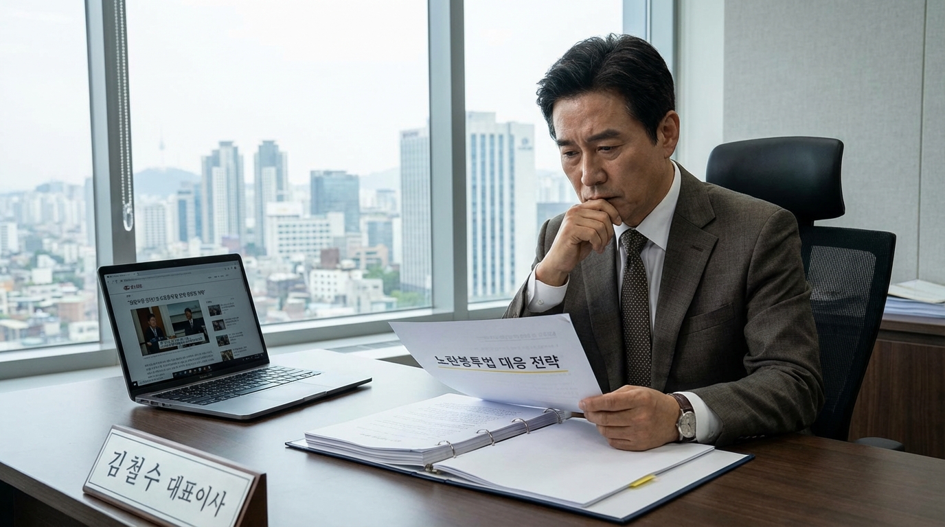 노란봉투법 시행에 따른 사용자 범위 확대 대응책을 고민하는 경영자의 모습