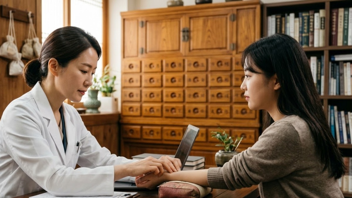 한의원 상담실에서 여성 한의사가 젊은 여성 환자의 맥을 짚는 모습
