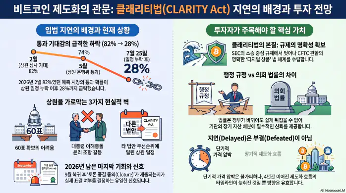 비트코인을 긴 호흡으로 봐야 하는 이유! 클래리티법이 표결 일정에서 빠졌습니다