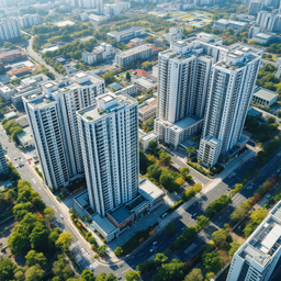 공원, 학교, 지하철 노선이 인접한 수도권 아파트 단지의 드론 항공 촬영 뷰, 쾌청한 날씨와 현실적인 도시 배경