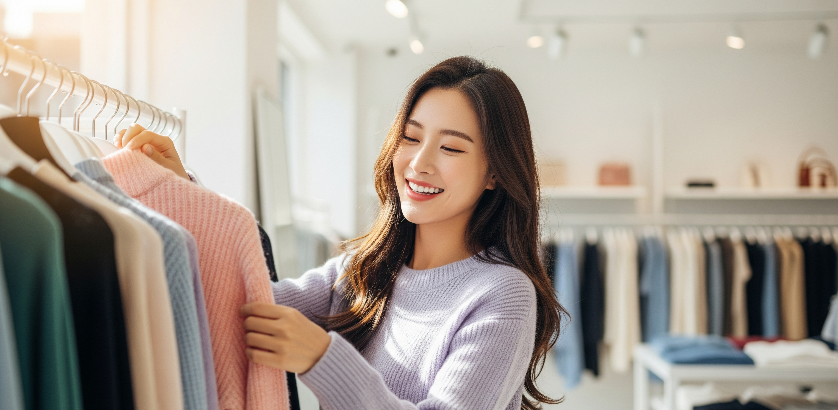 옷가게에서 옷을 고르며 즐거워 하는 여자