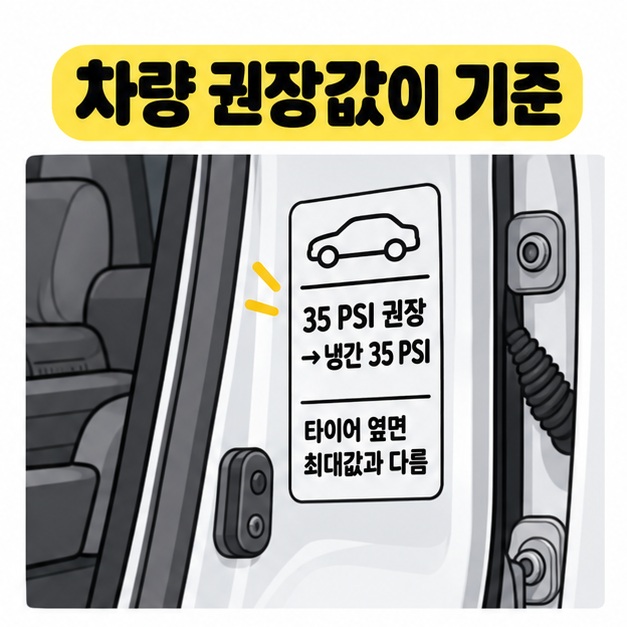 운전석 문 안쪽 권장 공기압 스티커와 35 PSI 예시를 보여주는 적정 공기압 안내 카드