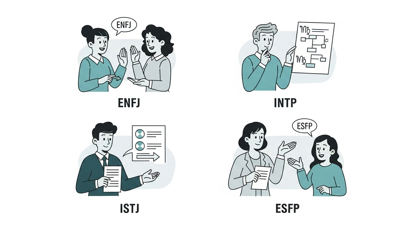 ENFJ, INTP, ISTJ, ESFP 등 네 가지 MBTI 유형이 각자의 특징적인 대화 방식으로 갈등을 해결하는 모습을 묘사한 일러스트레이션. 공감, 논리, 원칙, 유연성을 보여줌.