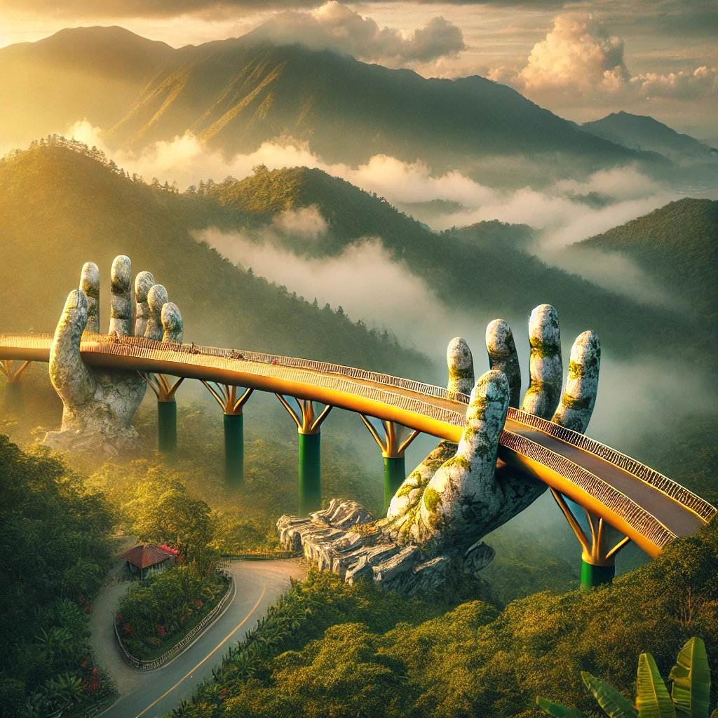 바나힐의 황금다리를 배경으로 한 그림 같은 풍경