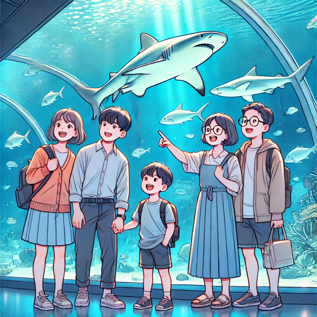 대형 아크릴 수조 앞에서 가족이 사진 찍는 모습