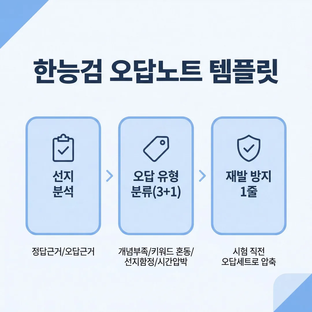 한능검 오답노트 템플릿 핵심 흐름(선지 분석→오답 유형 분류 3+1→재발 방지 1줄)을 요약한 인포그래픽