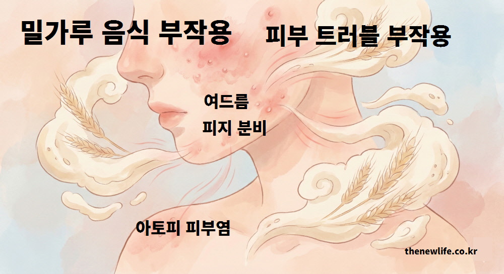밀가루 음식 섭취 시 나타나는 부작용인 여드름, 과도한 피지 분비, 아토피 피부염 악화를 설명하는 일러스트