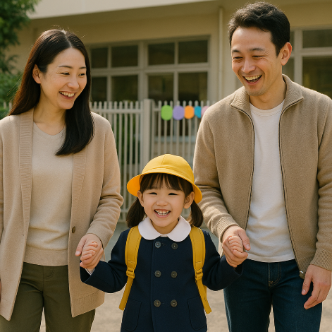 일본 영주권을 취득한 가족이 아이를 유치원에 등원시키는 모습입니다,