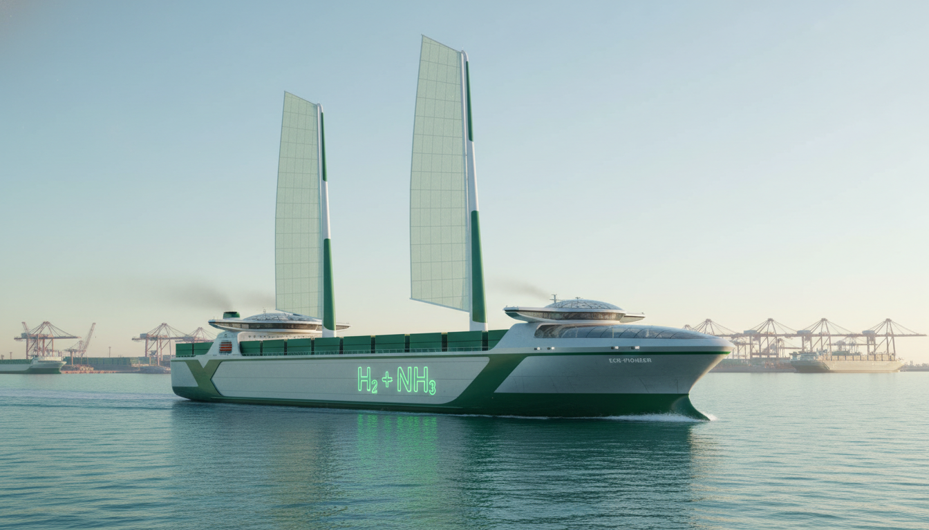 친환경 에너지로 구동되는 최신 컨테이너선이 항해하고, 배경에는 건조 중인 신규 선박들이 보이는 조선소 풍경. 해운 및 조선 산업의 미래 성장 동력을 상징합니다.