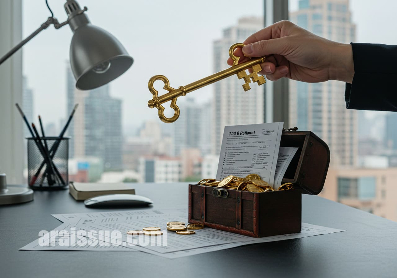 한국인 사람이 황금 열쇠를 들고, 세금 환급 문서가 가득한 보물 상자를 여는 장면. 배경에는 현대적인 사무실이 있으며, 세금 서류와 도시 풍경을 배경으로 한다. 열쇠는 숨겨진 재정적 혜택을 열어주는 상징적인 의미를 담고 있다.