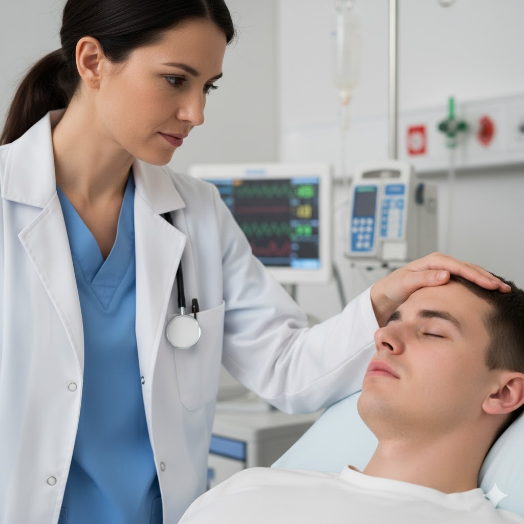 의사가 환자에게 혈액 검사 결과지(BUN, 크레아티닌 수치가 높은)를 보며 신장 기능에 대해 설명하는 모습