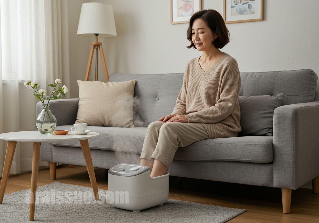 50대 한국 여성이 족욕기를 사용하며 편안하게 휴식하는 모습