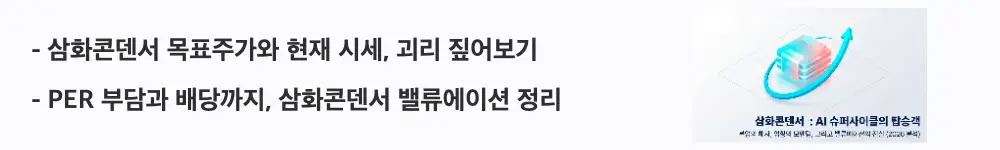 '삼화콘덴서 목표주가와 현재 시세, 괴리 짚어보기'라는 문구가 포함된 웹배너 이미지. 이 이미지는 삼화콘덴서의 증권사 목표주가와 현재 주가의 괴리, PER 부담, 배당 정책을 시각적으로 전달하며, 블로그의 삼화콘덴서 주가 전망과 관련된 내용을 설명함