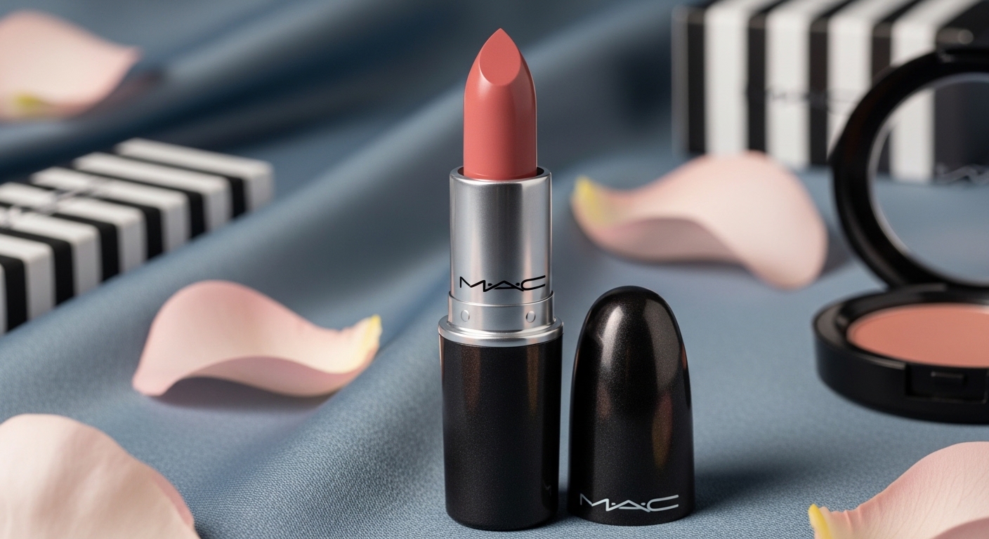 맥 허그미 립스틱이 푸른색 배경에 놓여있는 모습, 부드러운 로즈 누드 컬러와 촉촉한 텍스처가 돋보입니다.