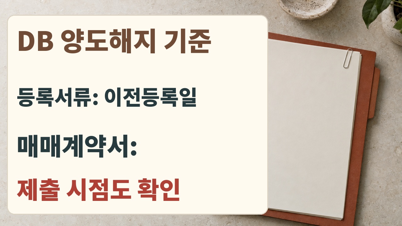 DB 양도해지에서 등록서류와 매매계약서의 기준일을 구분하는 안내 카드