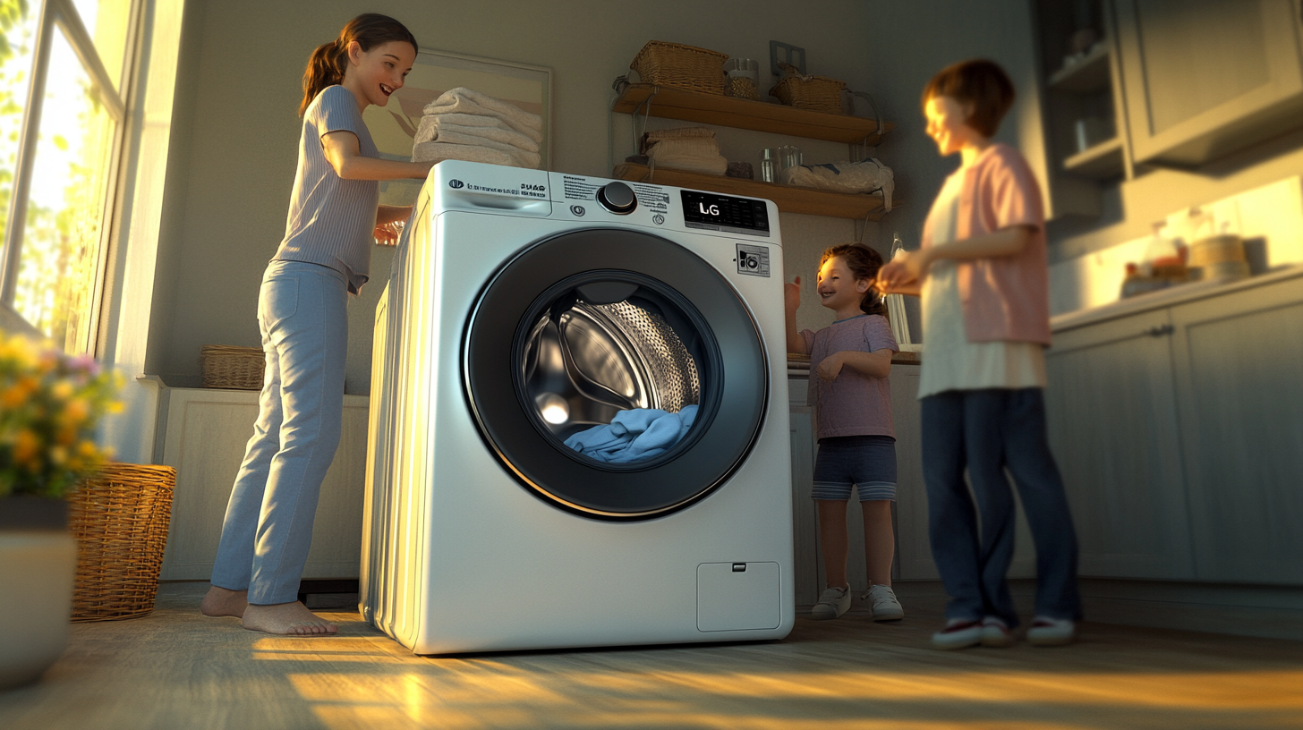 생동감 넘치는 가정 환경에서 대가족이 사용 중인 대용량 25kg LG 세탁기, 그 용량과 가족 친화적인 기능을 강조