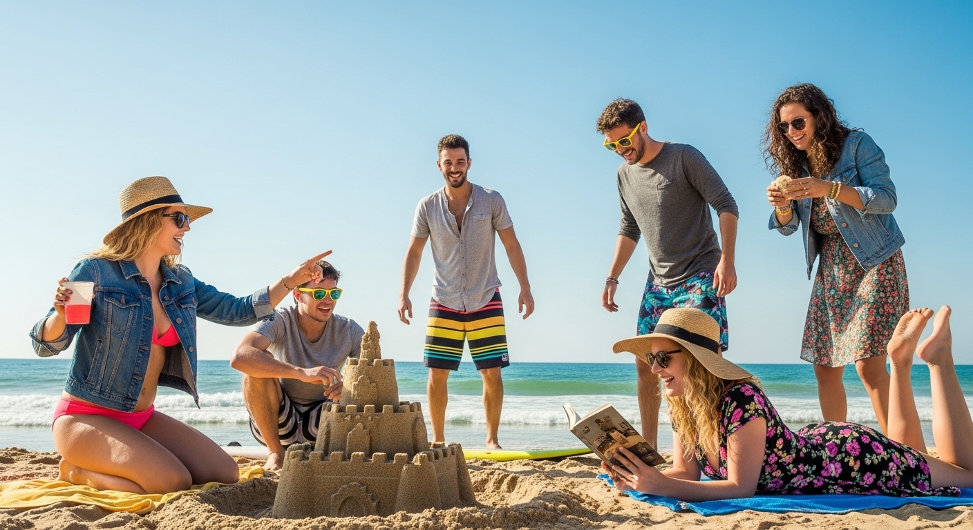 Friends having fun on the beach, each in their own style.