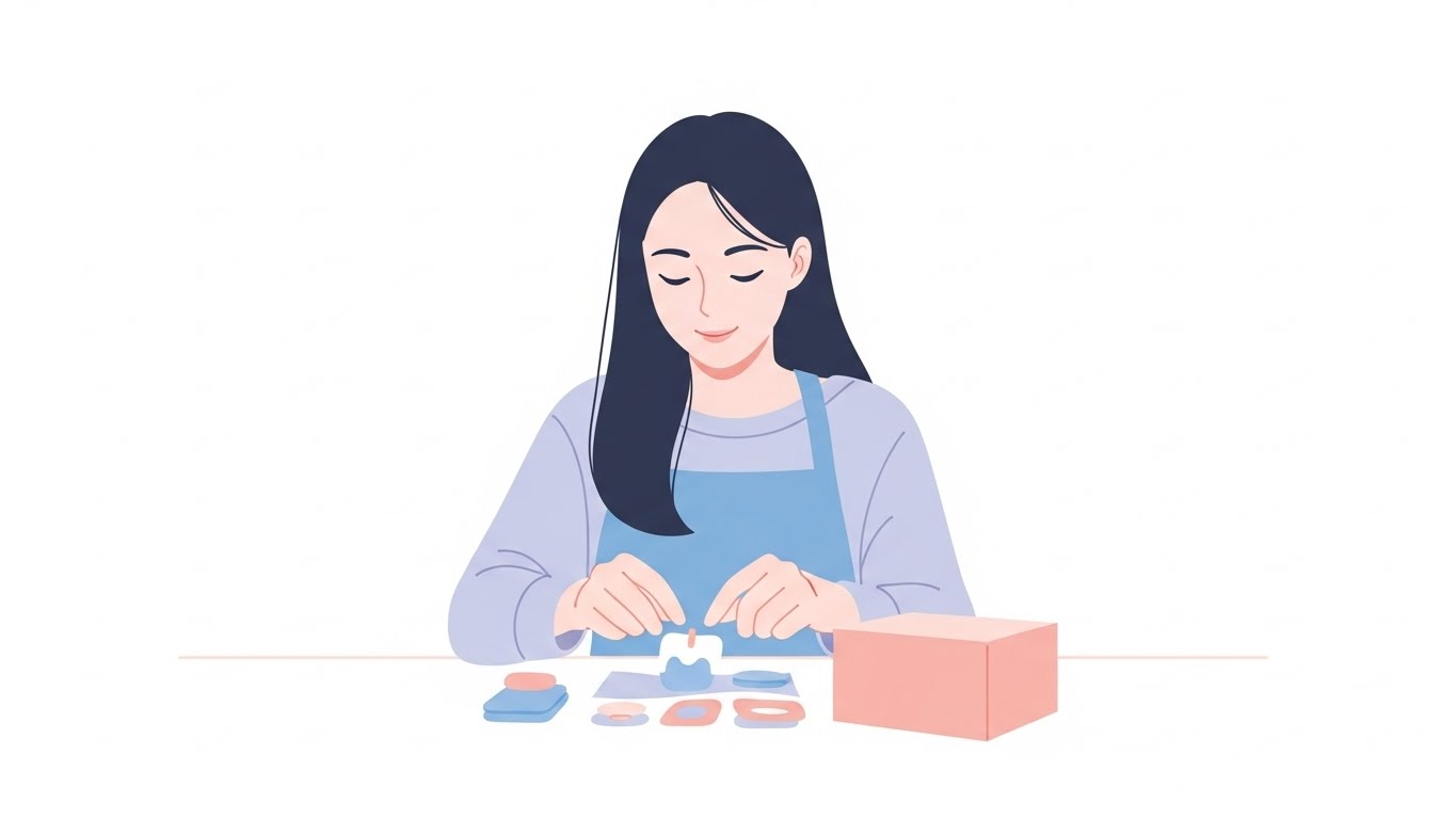 앉아서 포장 작업을 하는 여성 근무자의 모습, 체력 부담이 적은 업무를 선택하는 것이 중요합니다.