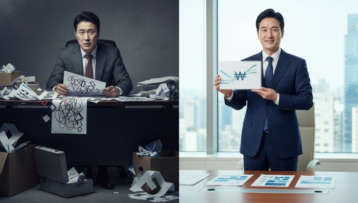 2026년 국세청 감시 강화에 대비하여 신고 없이 매수한 베트남 아파트를 합법적으로 양성화하는 한국인 투자자의 전후 상황을 비교하는 이미지