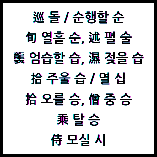巡 돌 순, 巡 순행할 순, 旬 열흘 순, 述 펼 술, 襲 엄습할 습, 濕 젖을 습, 拾 주울 습, 拾 열 십, 拾 오를 승, 僧 중 승, 乘 탈 승, 侍 모실 시