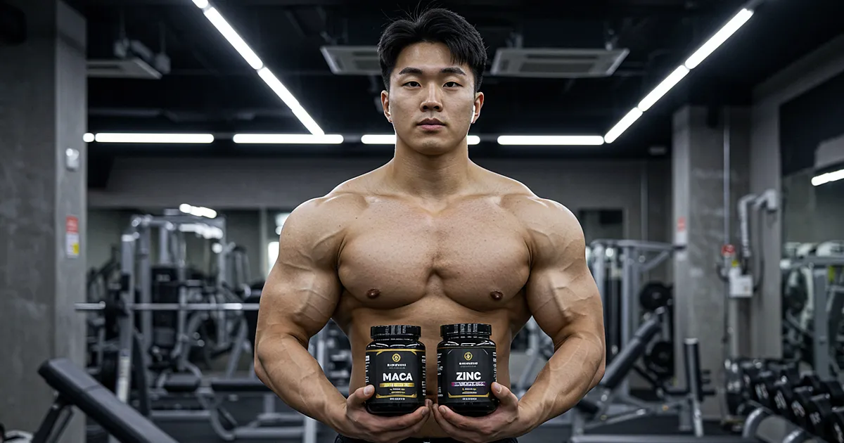 헬스장에서 상체를 드러낸 보디빌더가 마카와 아연 영양제를 들고 정면을 응시하는 장면