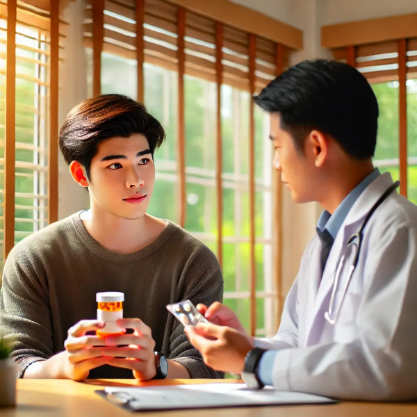 인데놀 복용 주의사항을 상담받는 아시아 청년