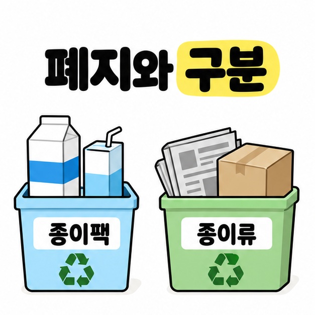 우유팩과 음료팩이 담긴 파란 종이팩 수거함을 신문과 상자가 담긴 초록 종이류 수거함과 구분한 그림