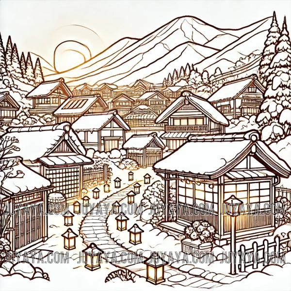 니가타 에치고유자와 온천 마을의 겨울 전경, 눈 덮인 전통 일본 가옥과 주변의 산 풍경