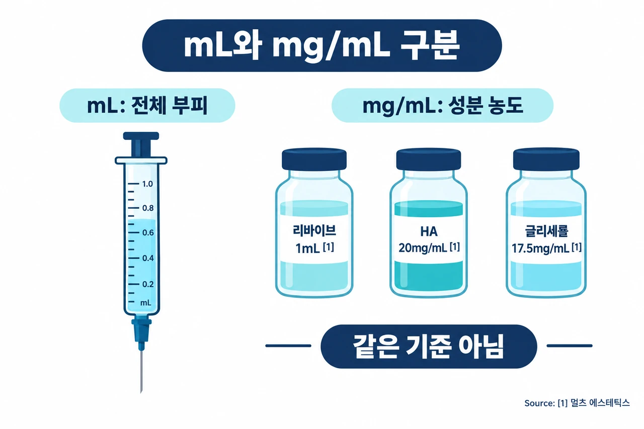 ['2026 건성 피부 스킨부스터 성분 용량 확인 가이드', '2026 민감성 피부 저자극 스킨부스터 성분 용량 확인'] mL 부피, mg/mL 농도 비교.