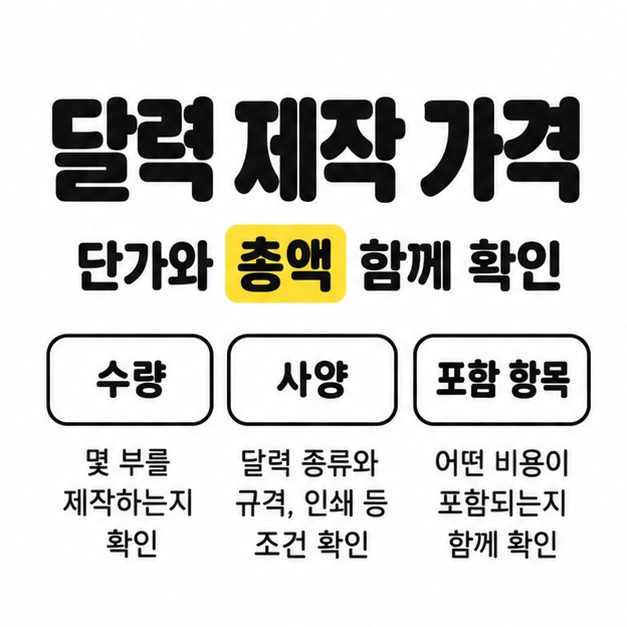 달력 제작 가격 제목 아래 수량과 사양, 포함 항목을 확인하며 단가와 총액을 함께 보도록 안내하는 썸네일