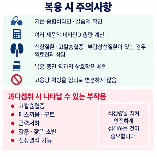비타민 D 섭취 전 기존 영양제 혈액검사 신장질환 고칼슘혈증 약물상호작용을 확인하는 체크리스트 이미지