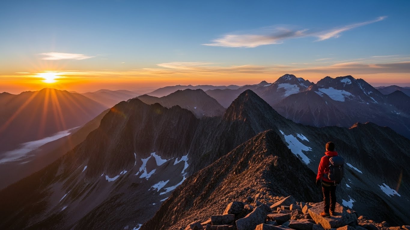 험난한 산을 올라 찬란하게 떠오르는 태양을 바라보는 모습