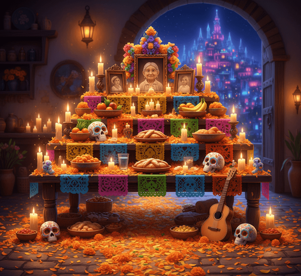 환한 촛불과 주황색 금잔화 꽃잎, 고인의 사진이 정성스럽게 놓인 멕시코 전통 제단 오프렌다의 모습