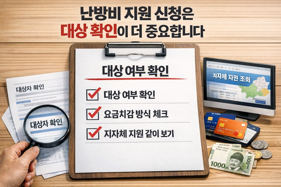 난방비 지원 신청 전에 대상 여부와 요금차감 방식, 지자체 지원 여부를 함께 점검해야 한다는 점을 보여주는 체크리스트 이미지