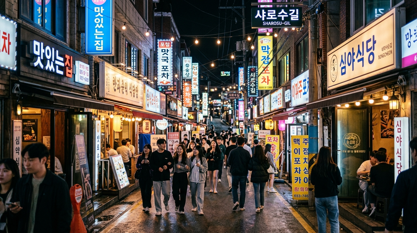 젊음이 넘치는 샤로수길의 저녁 풍경