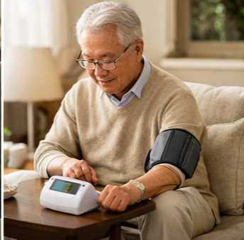 아침 기상후 아침식사 전 거실 쇼파에 편안하게 앉아 가정용 디지털 혈압계를 사용해 아침혈압을 재고 있는 시니어